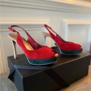 Yves Saint Laurent Red Suede Peep-Toe Slingback Heels , size 36.5 EUR